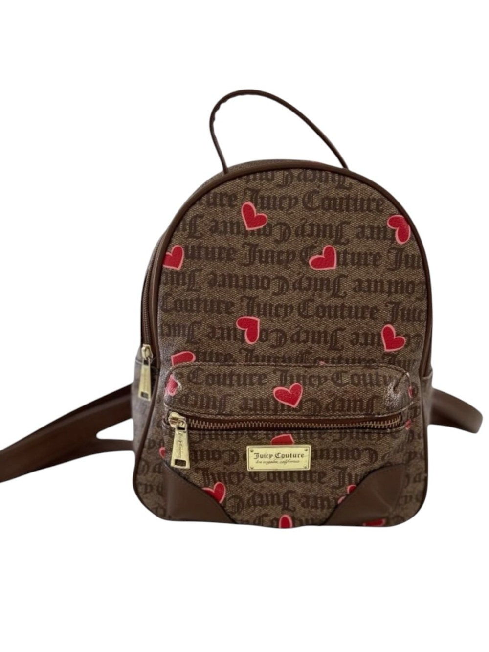 Juicy Couture Brown Mini Backpack With Red Heart Print & Adjustable Straps